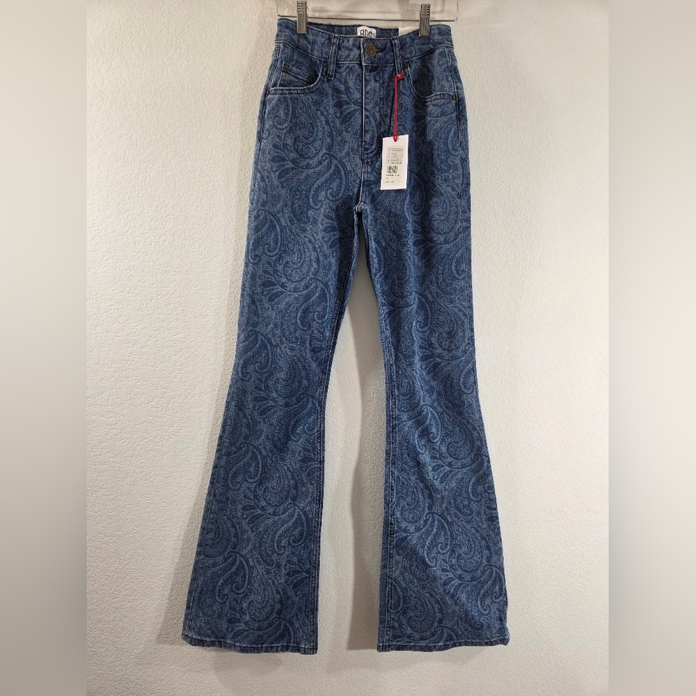 BDG Urban Outfitters Blue Paisley Print High Waist Flare Denim 70s Style Jeans - Picture 2 of 13